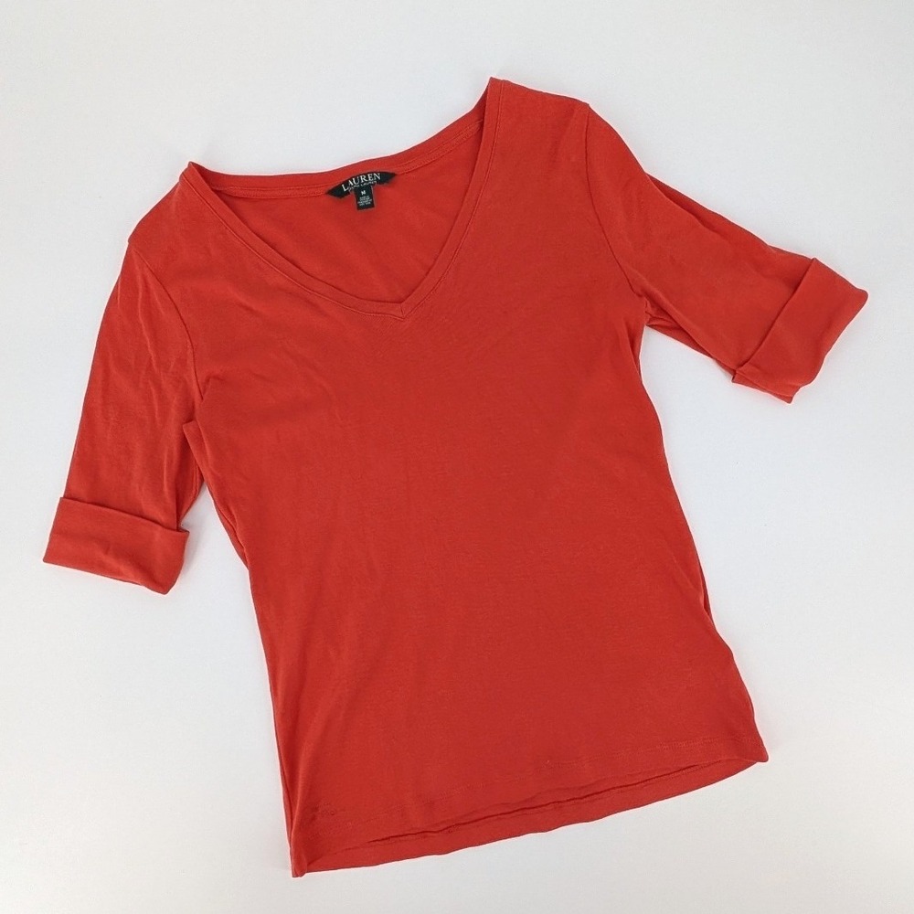 Lauren Ralph Lauren V-Neck Top Orange Red 3/4 Cuff Sleeve Cotton Size M